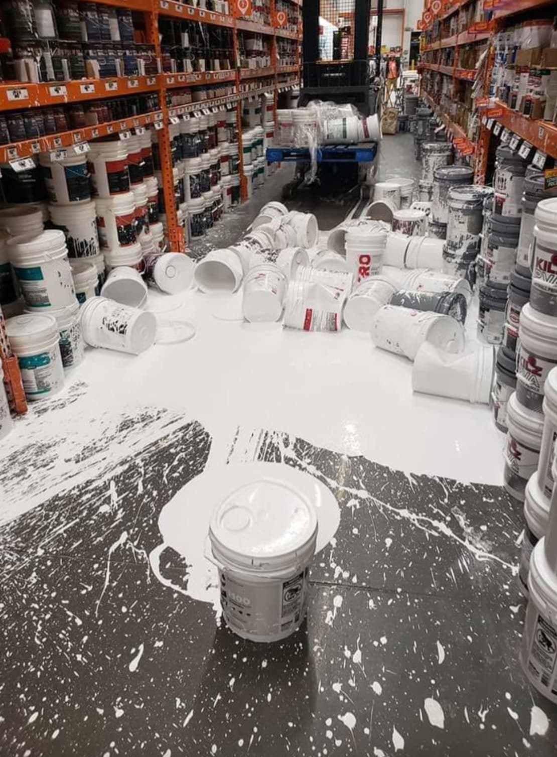 “Buckets of paint fell off a pallet being lifted by a forklift.”